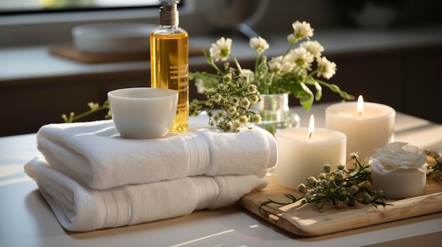 A bottle of perfume sits on a table with flowers in the background