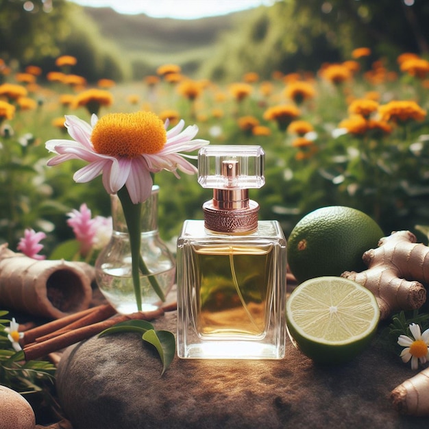 a bottle of perfume sits on a table with flowers in the background