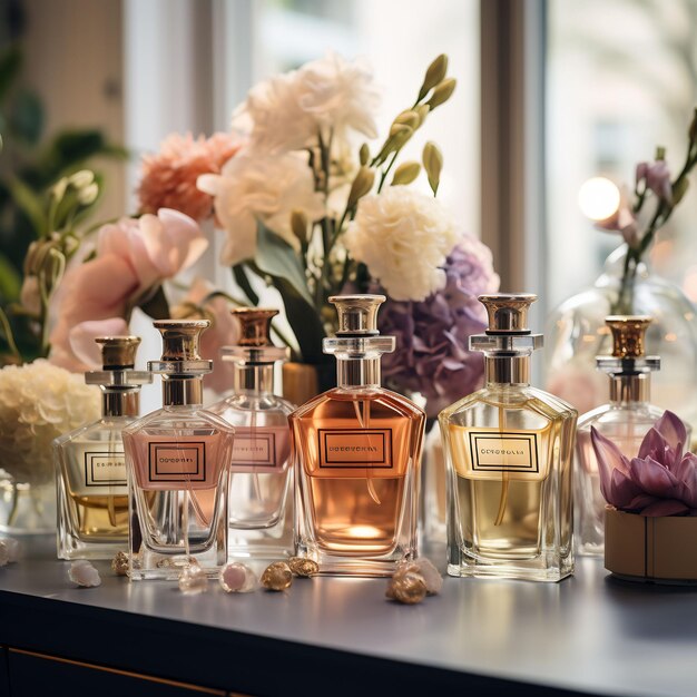 a bottle of perfume sits on a table with flowers in the background