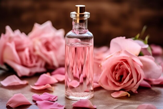 A bottle of perfume sits on a table with pink roses.