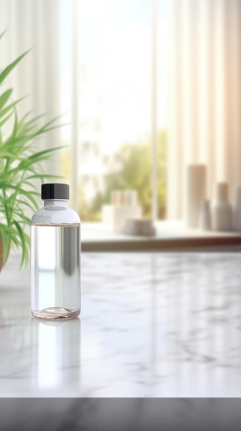 a bottle of perfume sits on a table with a plant in the background