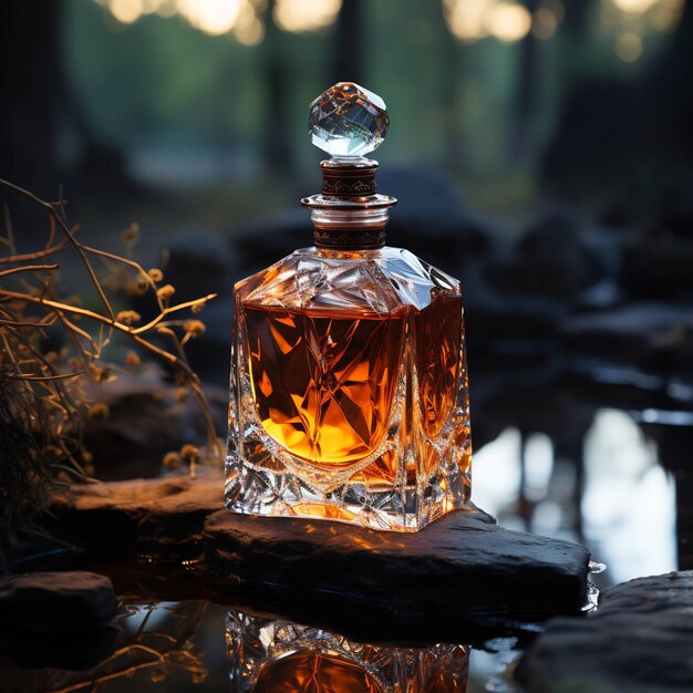 a bottle of perfume sits on a table with a tree branch in the background