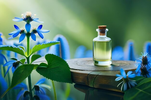 A bottle of perfume sits on a wooden surface with a blue flower in the background