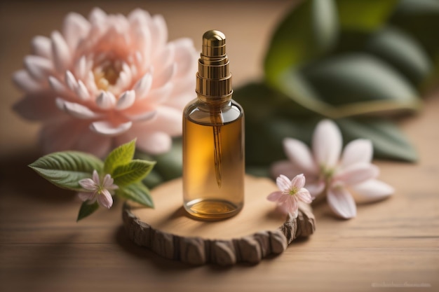 A bottle of perfume sits on a wooden table next to a flower.