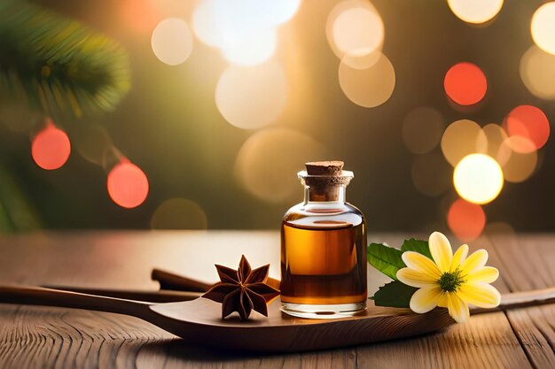 a bottle of perfume sits on a wooden table with flowers in the background.