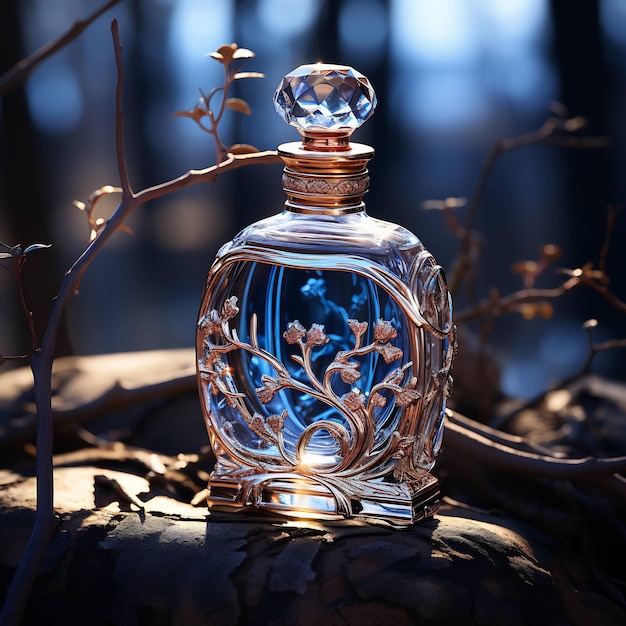 a bottle of perfume sits in the woods