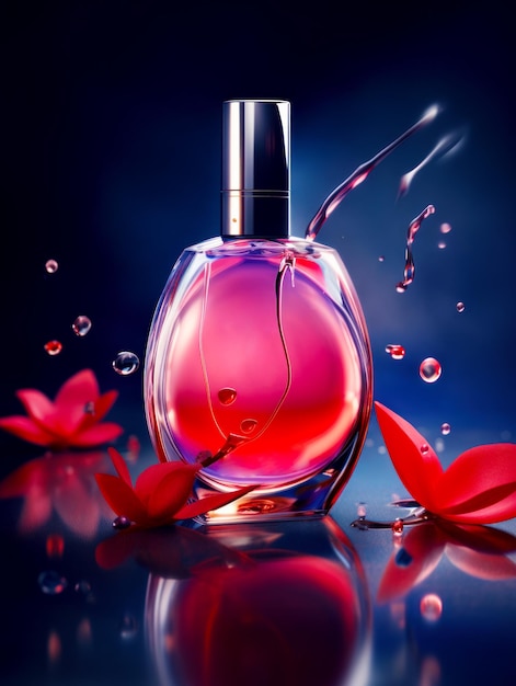 Bottle of perfume sitting on top of table next to red flowers Generative AI