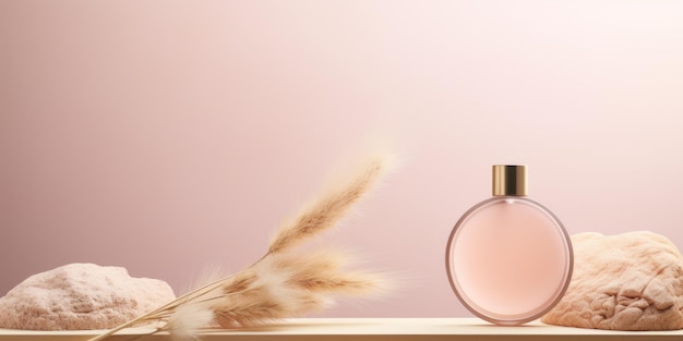 A bottle of perfume next to some dried grass