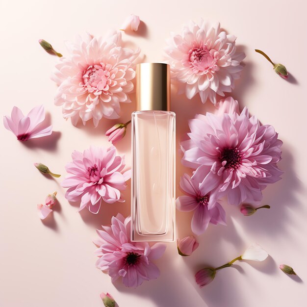 A bottle of perfume surrounded by pink flowers