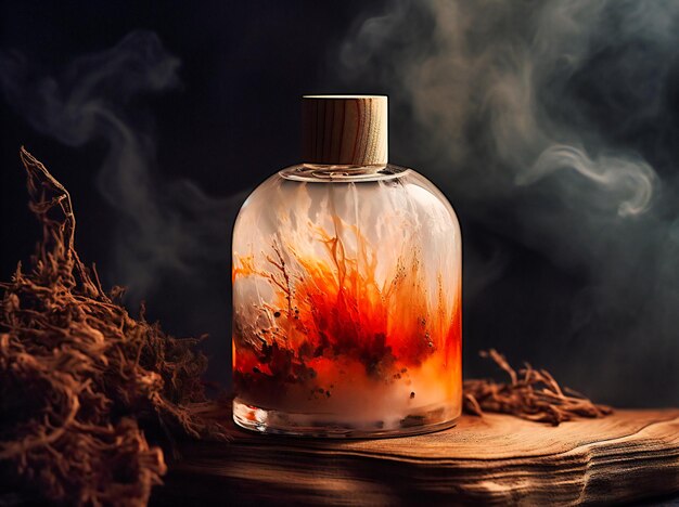 A bottle of perfume on top of a wood