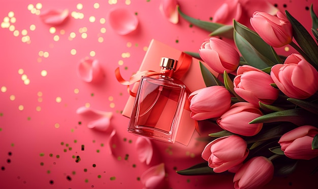 Photo bottle of perfume and tulips on pink red background spring flat lay international womens day conc