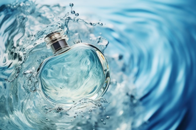 Foto perfume in bottiglia sull'acqua onde d'acqua limpida sfondo bianco e blu ia generativa