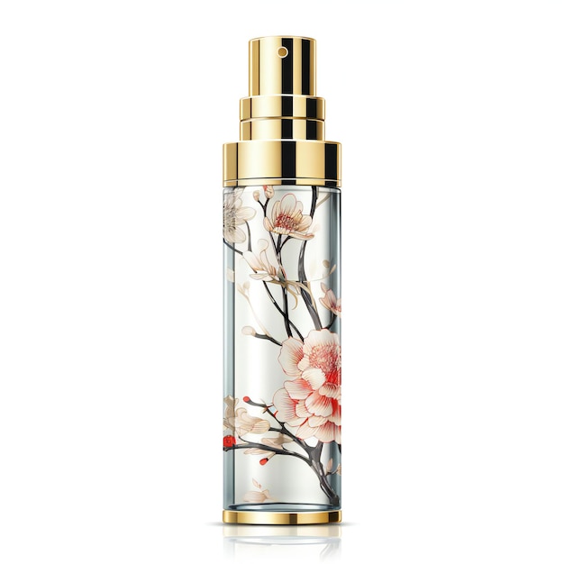 Photo bottle of perfume with blooming branch isolated on white background