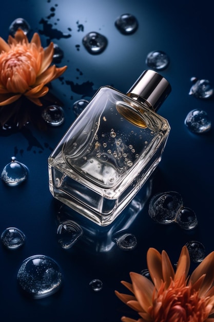 A bottle of perfume with a blue background and flowers on the bottom.