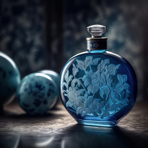 A bottle of perfume with a blue flower design on the front.