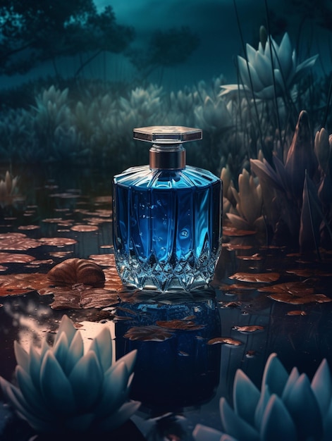 A bottle of perfume with a blue label that says " perfume " on it.