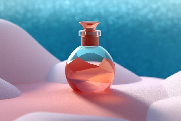 a bottle of perfume with a blue and red top.