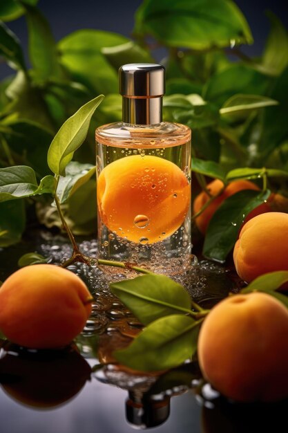 A bottle of perfume with a bottle of apricot on the top and some oranges on the bottom