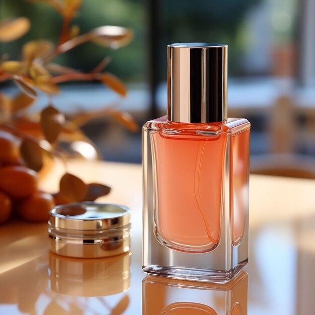 a bottle of perfume with a bottle of perfume on the table.