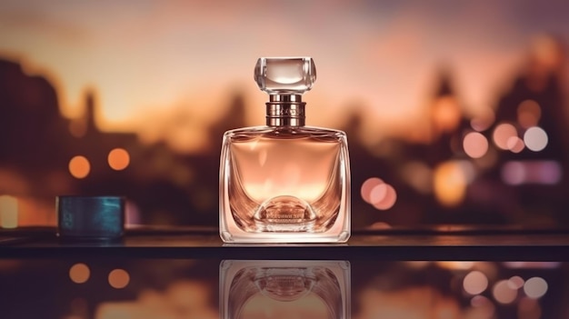 A bottle of perfume with a city in the background