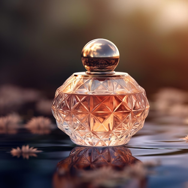 A bottle of perfume with a clear glass cover and a golden sunset in the background.