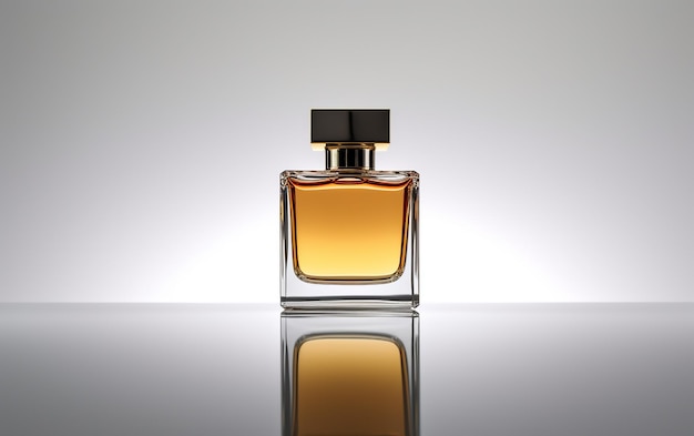 A bottle of perfume with a clear glass top sits on a reflective surface