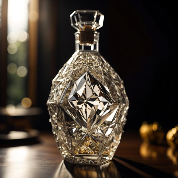 A bottle of perfume with a diamond design on the front.