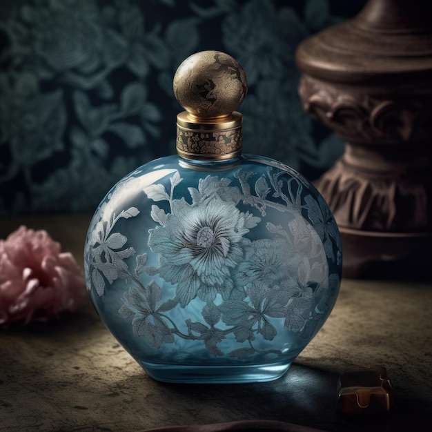 A bottle of perfume with a flower on the front of it