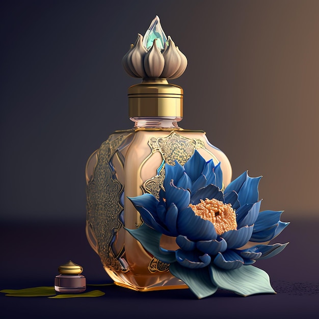 A bottle of perfume with a flower on it and a flower on the side.