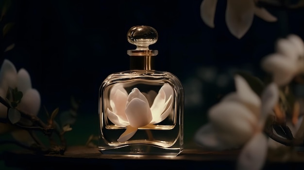 A bottle of perfume with a flower on it