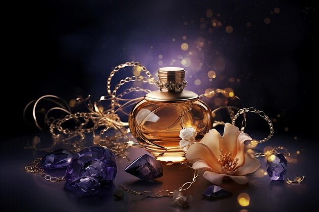 A bottle of perfume with a flower on the side