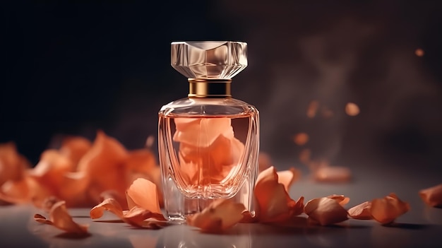 A bottle of perfume with a flower on the side