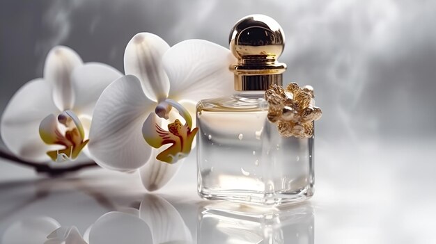 A bottle of perfume with a flower on the side