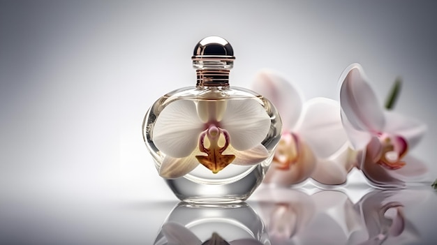 Photo a bottle of perfume with a flower on the side