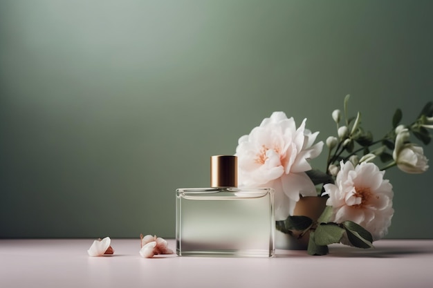 A bottle of perfume with a flower on the table