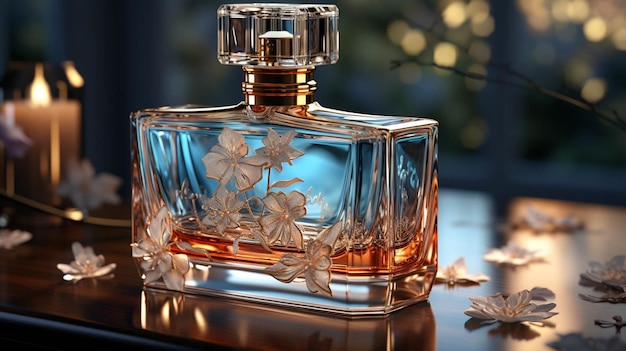 Photo a bottle of perfume with flower on top of a table