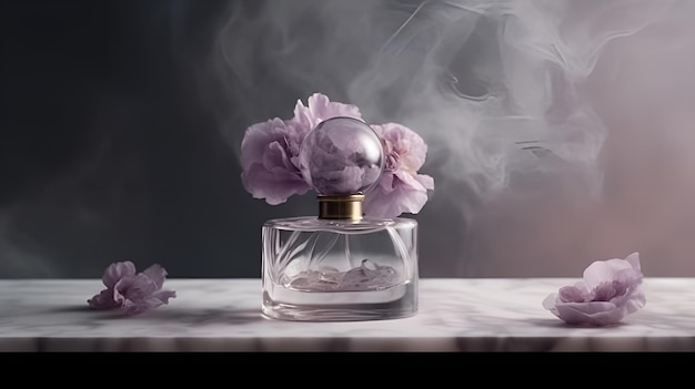 A bottle of perfume with a flower on the top