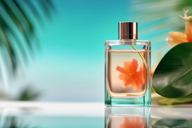 A bottle of perfume with a flower on the top