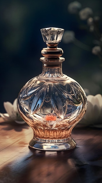 A bottle of perfume with a flower on the top