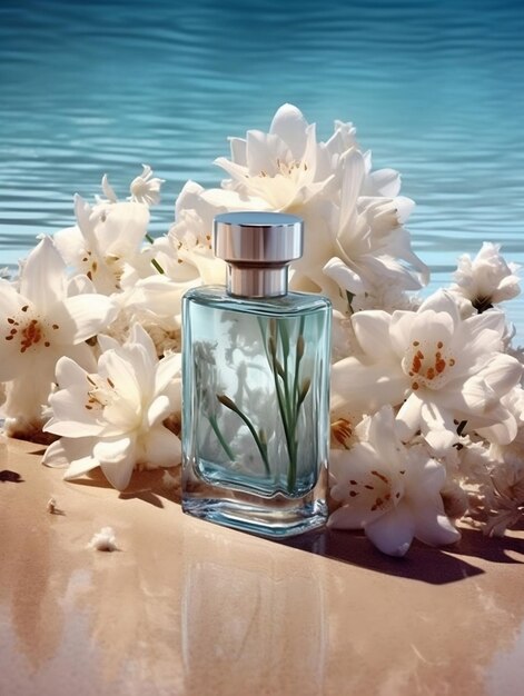 A bottle of perfume with flowers on the background