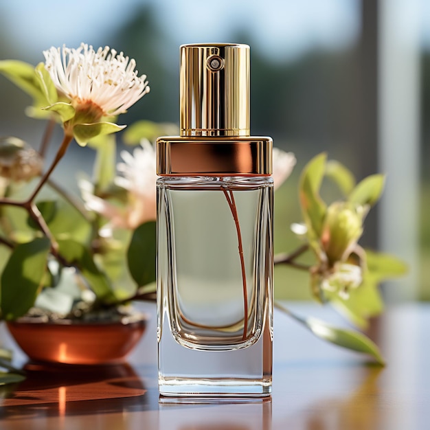 a bottle of perfume with flowers in the background.