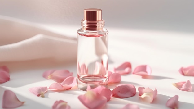 a bottle of perfume with flowers in the background