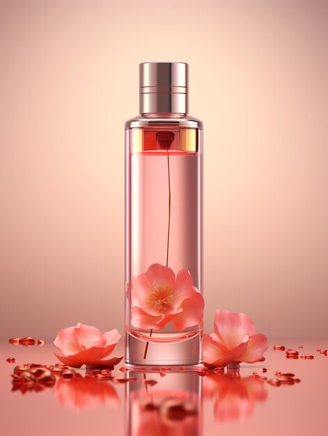 A bottle of perfume with flowers in the background