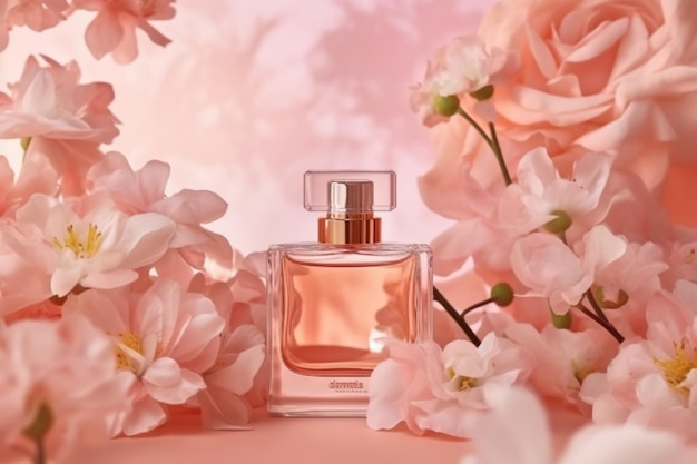 A bottle of perfume with flowers in the background