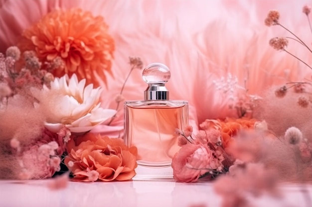 A bottle of perfume with flowers in the background