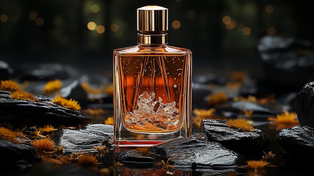 A bottle of perfume with flowers in the background