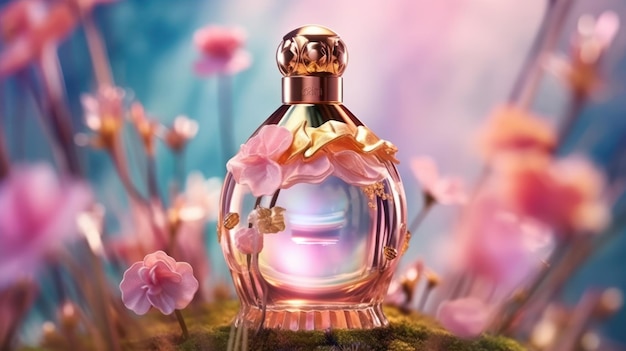 A bottle of perfume with flowers in the background