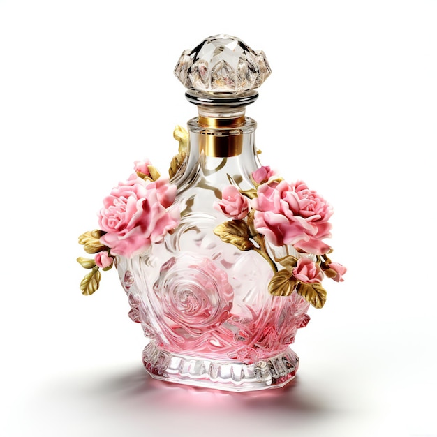 Bottle of perfume with flowers Isolated on white background