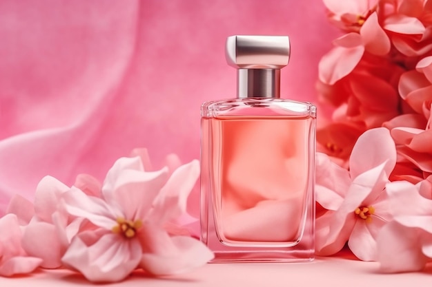 a bottle of perfume with flowers on a pink background.