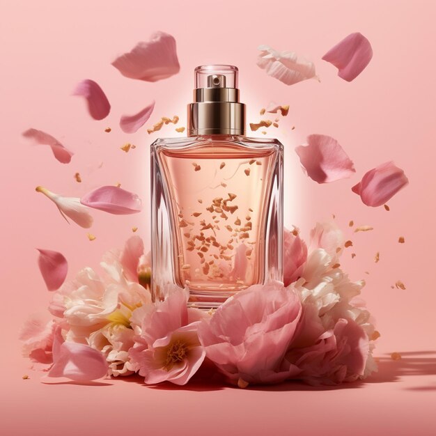 a bottle of perfume with flowers and a pink background.